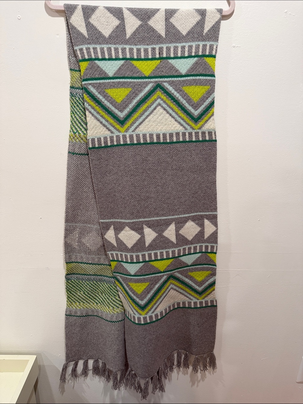 J. Crew Gray Knit Scarfwith Lime and Mint Geometric Pattern